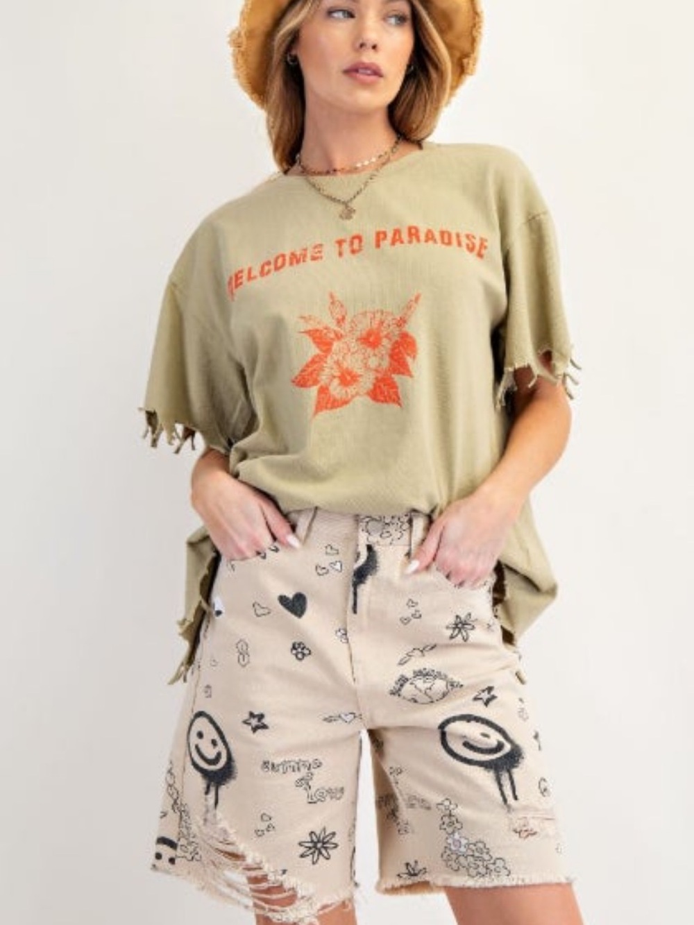 Easel cream, smiley face jorts